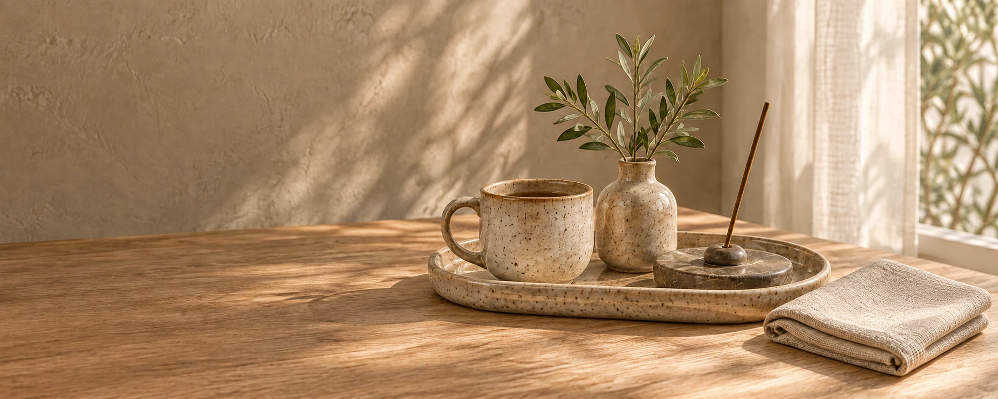 Quiet stoneware objects in warm morning light