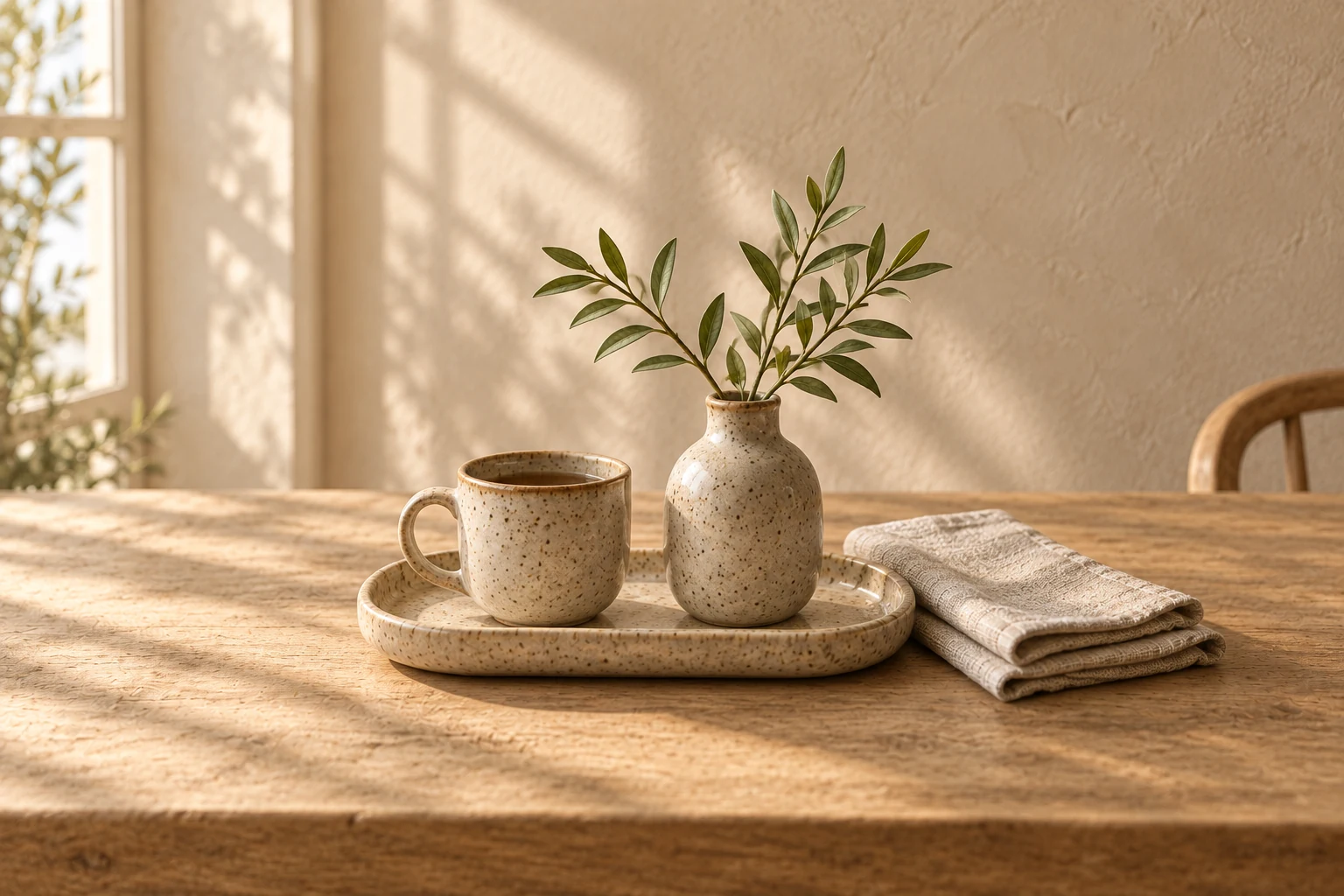 A cup and vase at home in soft morning light